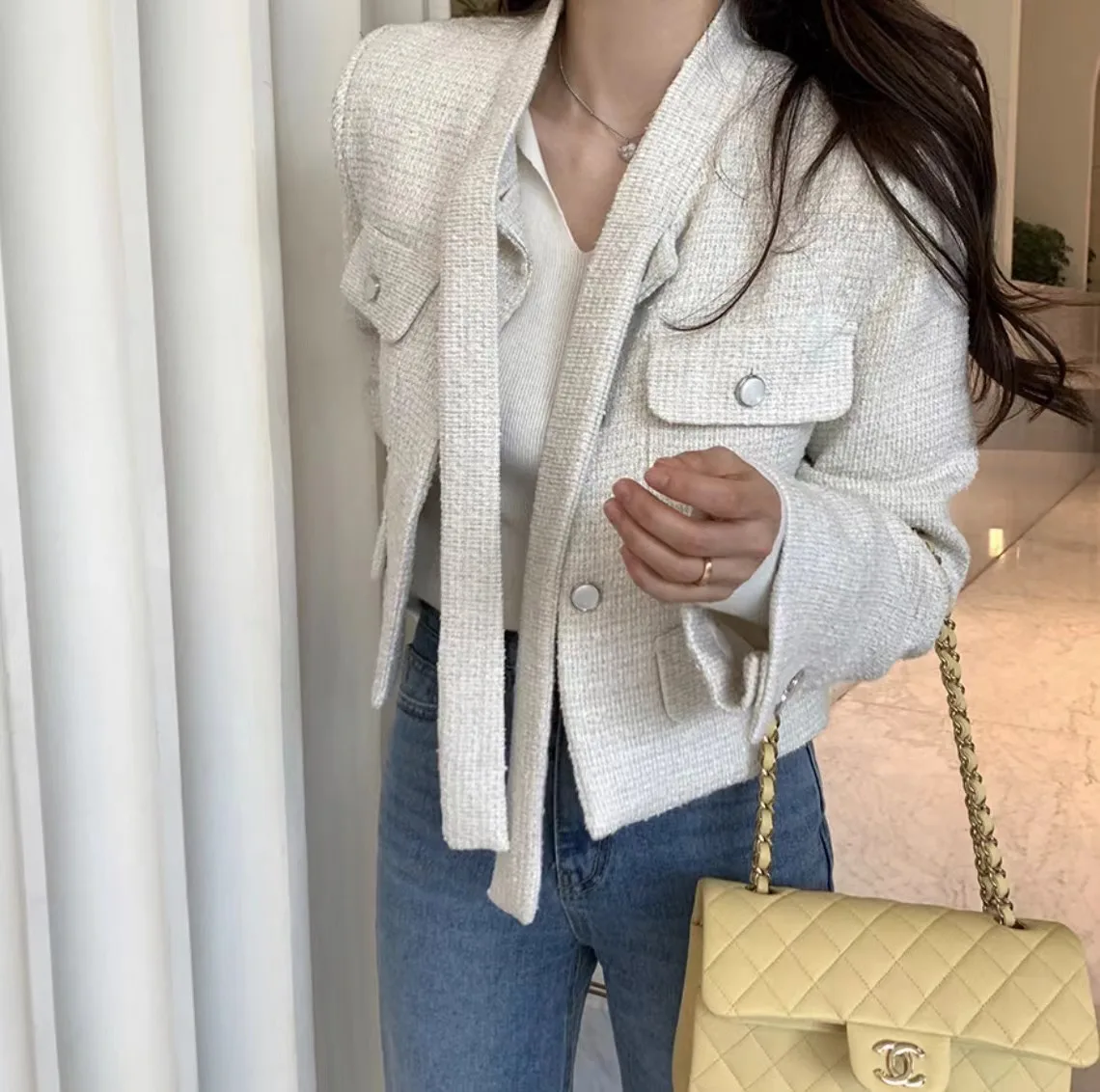 Neploe England Small Fragrance All-match Casual Coat Korea Chic Small Fellow Tweed Women Clothing Elegant Minority Literary Tops