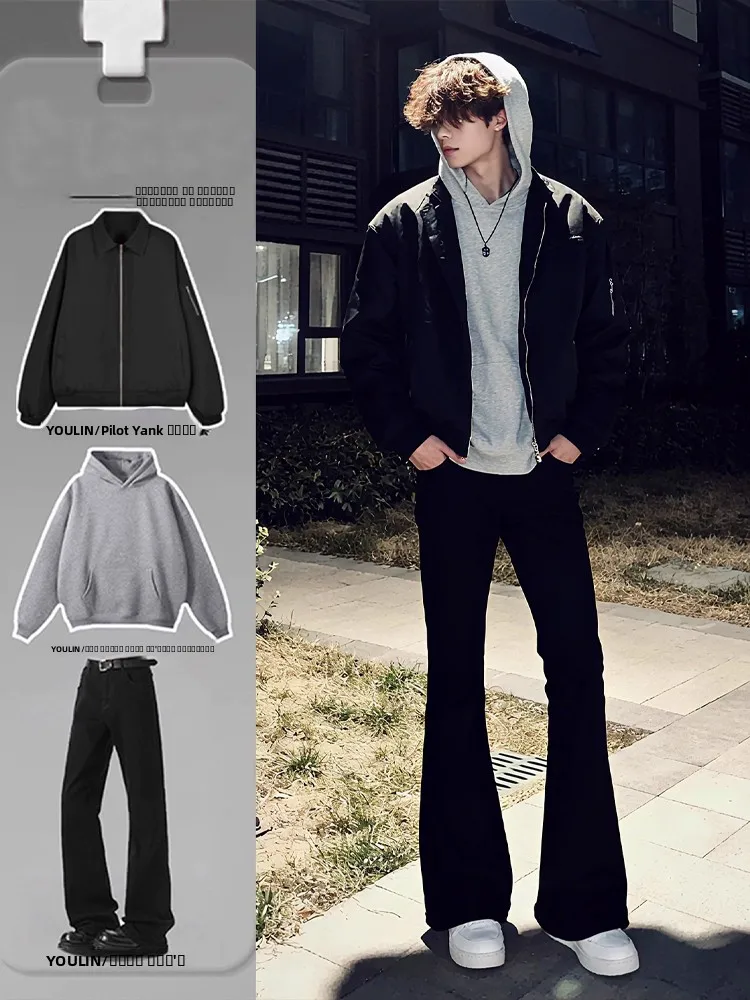 

Cool ort American Pilot Jaet Outerwear for Men Sli Spor Casual Autumn OOTD Set Teenage Long Sve Sweatirt And L...