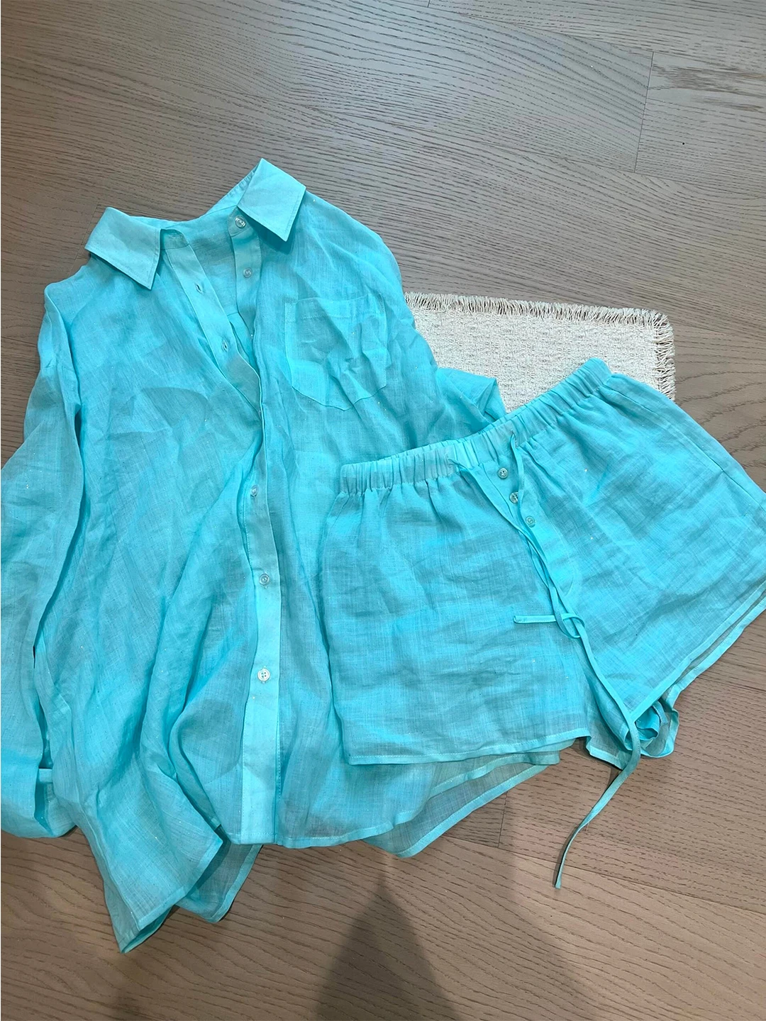 Unique Beautiful Lake Blue Linen Shirt Set Women Summer Vacation Sun Protection Shorts Two Piece Set Casual Loose Fit Breathable
