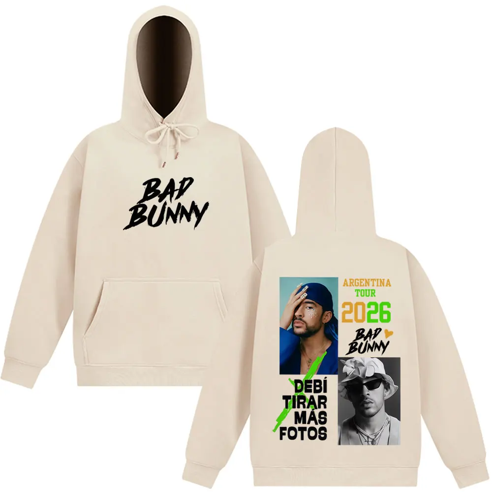 مغني الراب باد باني جولة الأرجنتين 2026 موضة الجرافيك هوديي الرجال الهيب هوب الشرير البلوز بأكمام طويلة ملابس رياضية غير رسمية ورجعية