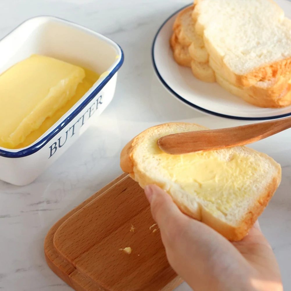 FAST-Butter Box Nordic Style Ceiling With Wood Lid Food Dish Enamel Cheese Storage Tray Plate Container For Kitchen Tool