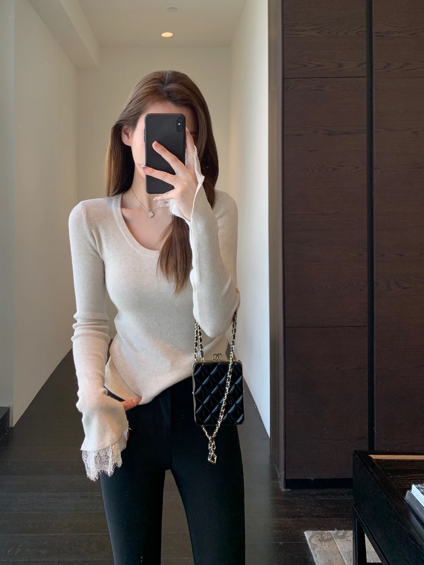 

Slimming Lace Splice U-Ne Knitwear Women's Base irt Faionable Casual Sle Soft Comfortable Breathable Long Sve