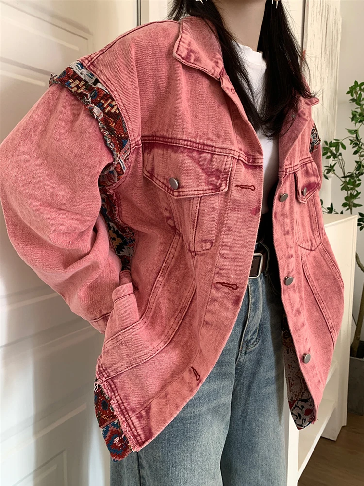 

Washed Stitching Denim Jacket Loose Casual Tassel Ripped Jean Jacket Coat Female 2024 New Autumn Winter Y2K Fashion Outwear