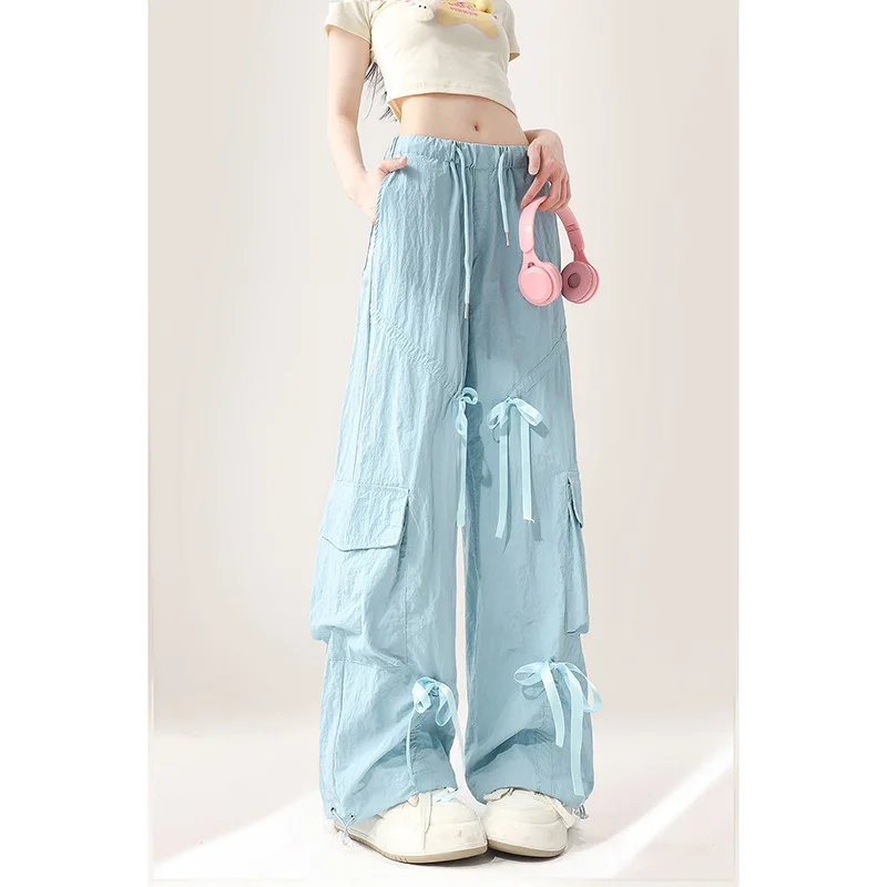 

Ice Silk Quick Drying Work Pants For Women 2024 Summer Thin Design Bow Tie Strap Paratrooper Pants Straight Leg Casual Pants