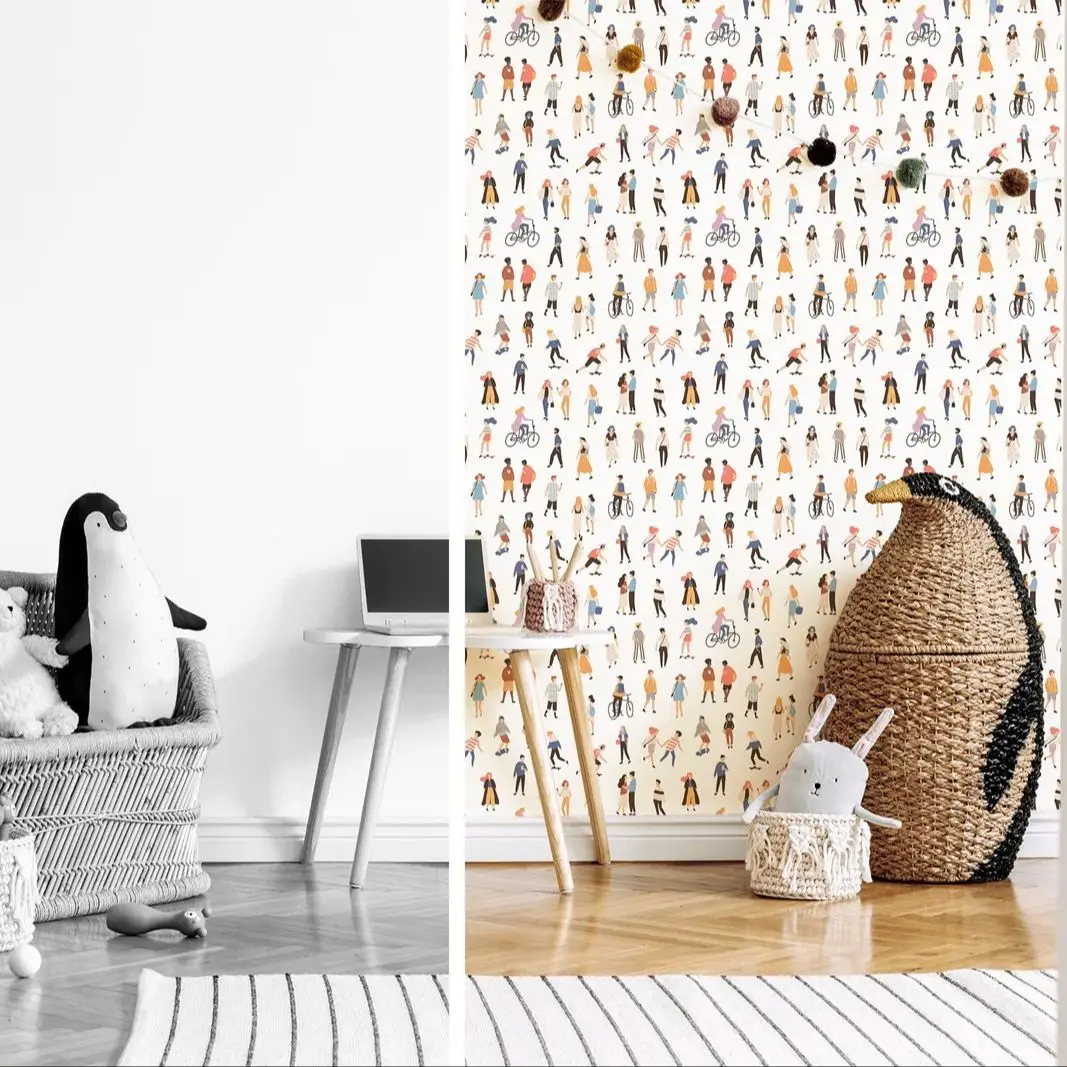People in the City Wallpaper, Peel and Stick Fun Wallpaper For Home Decor,Colorful Wallpaper Self-adhesive /Traditional No-woven