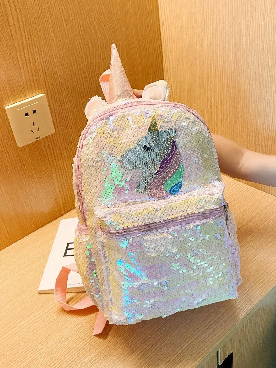 Sequin Cute Pink Unicorn Lightweight Large Capacity Girl Backpack