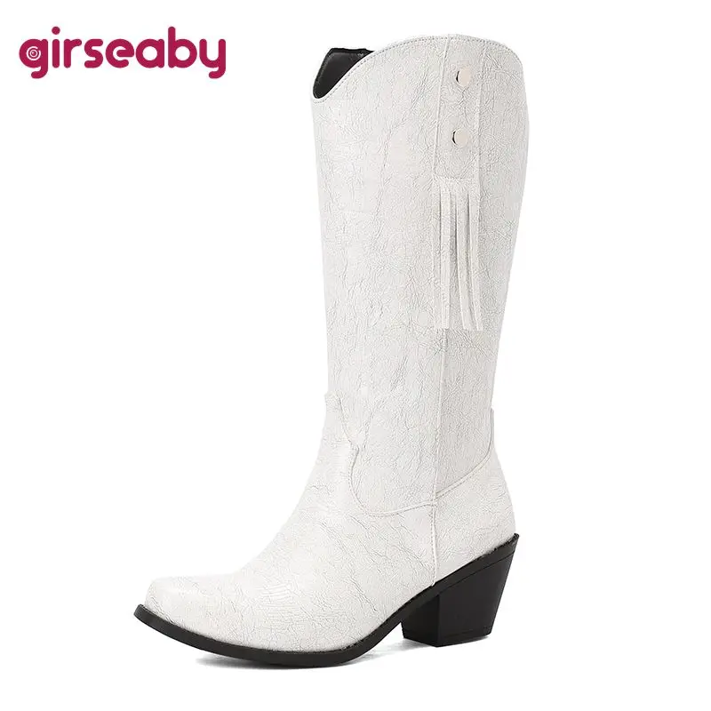 Girseaby 2024 Female Boots Toe Tassel Ridding  Wide Leg Tube Block Heels 6cm Slip On Size US14 43 44 45 Leisure Daily Booties