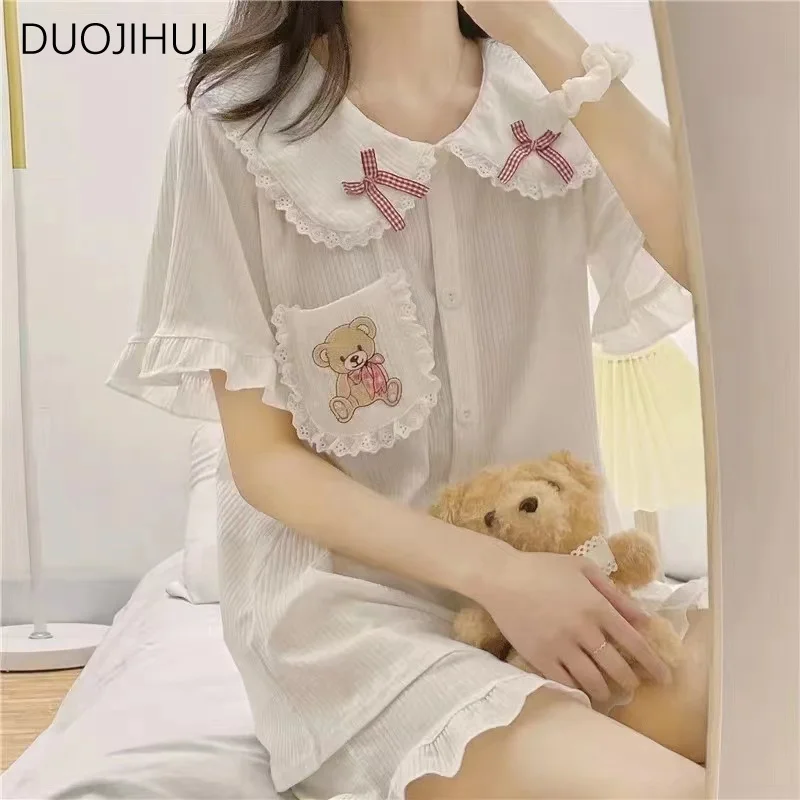 DUOJIHUI Ins Two Piece Sweet Pocket Female Pajamas Set Korean Chic Button Cardigan Simple Short Fashion Casual Pajamas for Women