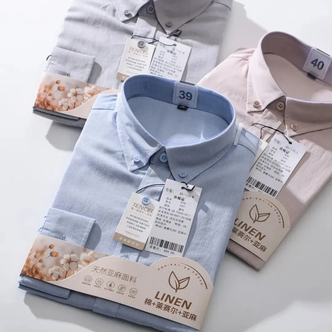 

Новая мужская рубашка с длинным рукавом из льна с вышивкой в виде узоров, повседневная, удобная, приталенного кроя, весна.