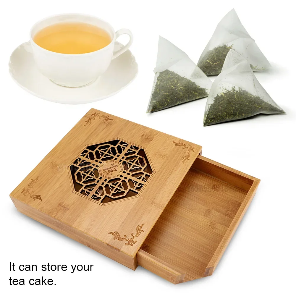 Drawer Type Tea Storage Box, Carved Lightproof Dustproof Bamboo, Natural Tea Caddy, Elegant Tea Organizer, 25x24cm