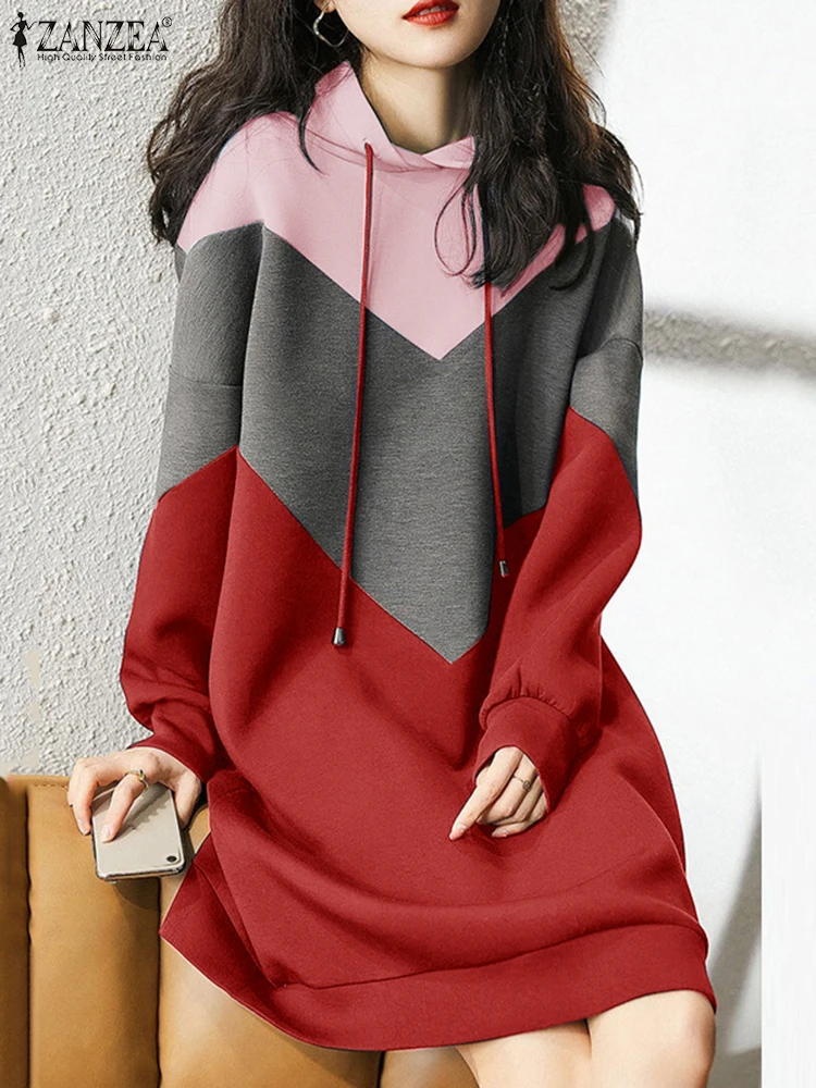 ZANZEA Long Sleeve Fall Winter Sweatshirt Dress Casual Loose Patchwork Women Knee-length Vestidos Korean Fashion Hooded Dress