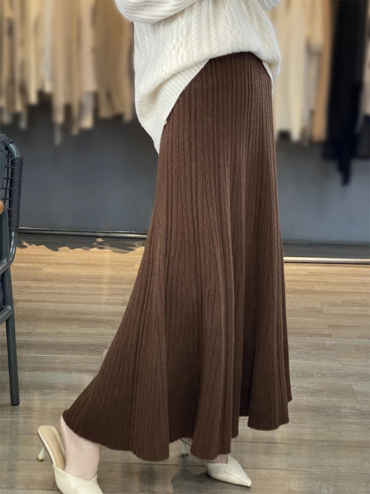 

Новая женская юбка из 100% мериносовой шерсти, трикотажная, осенне-зимняя, длинная плиссированная юбка, элегантное мягкое платье, юбка в корейском стиле