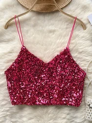 European American Sexy Sequin Suspender Top with A Top Tanks for Women Summer Navel Exposed Unique Fashionable Short Camis HK100