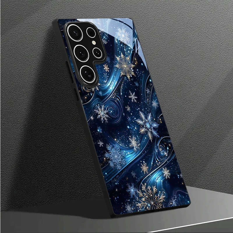 Blue and gold snowflake pattern black tempered glass phone case for SamsungGalaxyS26 S25 S24 S23 S22 S20FE/Ultra/Plus anti Cover