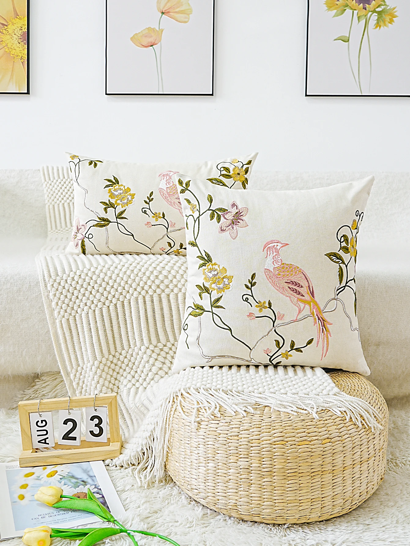 1PC Multi-Color Birds& Floral Pattern Embroidery Artwork Home Universal Decorations in Various Sizes No Pillow Insert