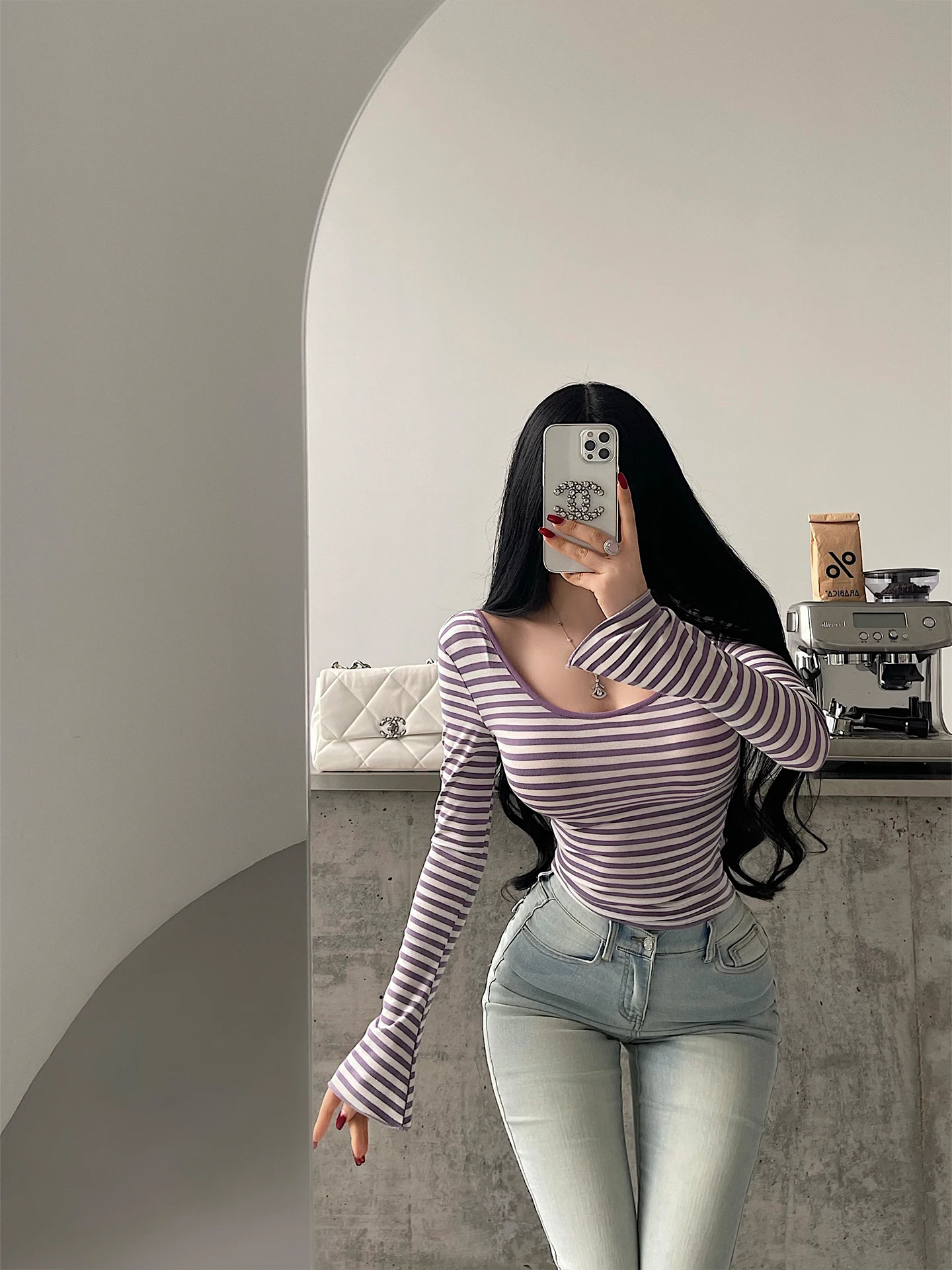 Sexy Striped Slim Fit T-Shirt with Bell Sleeves And Backless U-Neck Design for Young Girls Casual Wear Chinese Style Spring F...