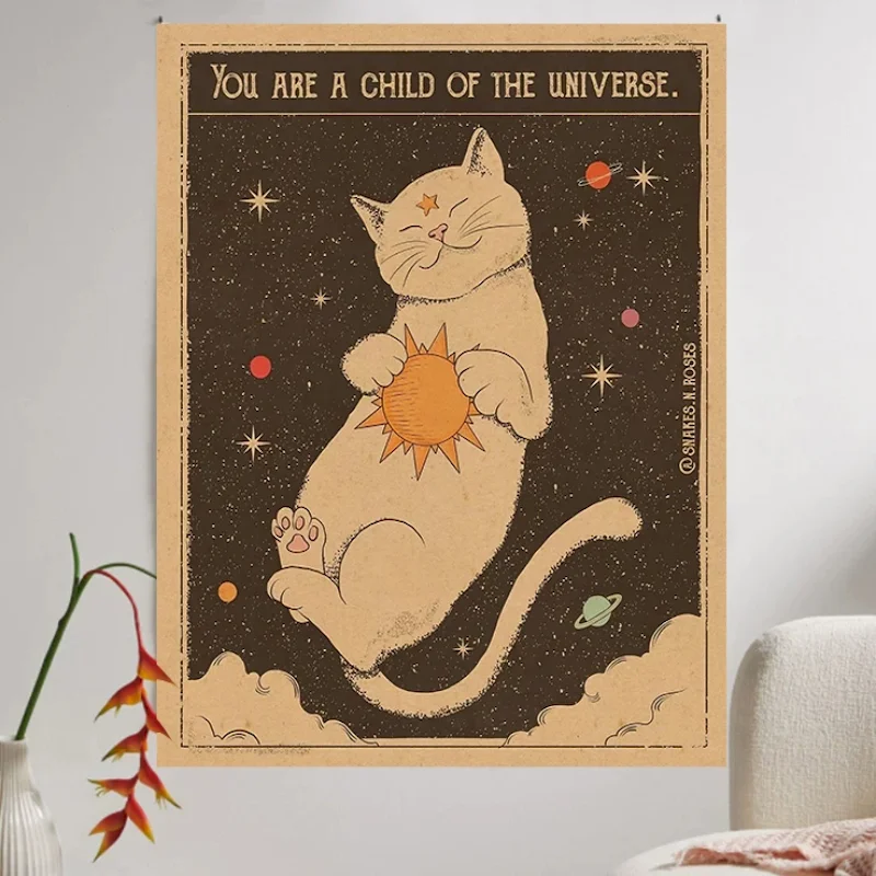 VIKAMA Cat Tapestry Wall Hanging Space Cat Sun Star Planet Retro Cosmic Quote Aesthetic Witchy Bedroom Dorm Decor