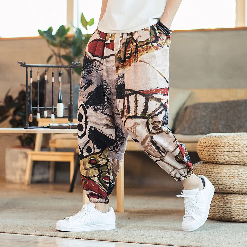 Men Bohemia Printed Trousers Japanese Harajuku Streetwear Casual Pants Chinese Style Cotton Linen Fashion Bloomers Nepal Bottoms