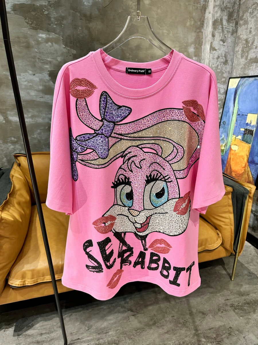 Luxury Blingbling Pink Bunny Hot Drilling Short Sleeve T-shirt 2023 New Summer Cute Age Reduction Oversize Top Mid-long Tshirts