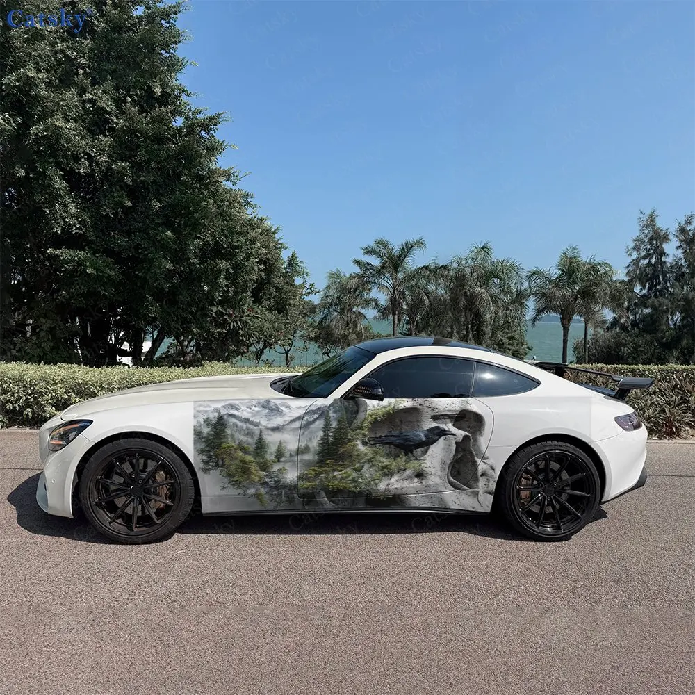 2pcs Mountain Forest Skull And Raven Car Side Wrap, Self-Adhesive PVC Waterproof & Scratch-Resistant Sticker, Car Accessory Gift