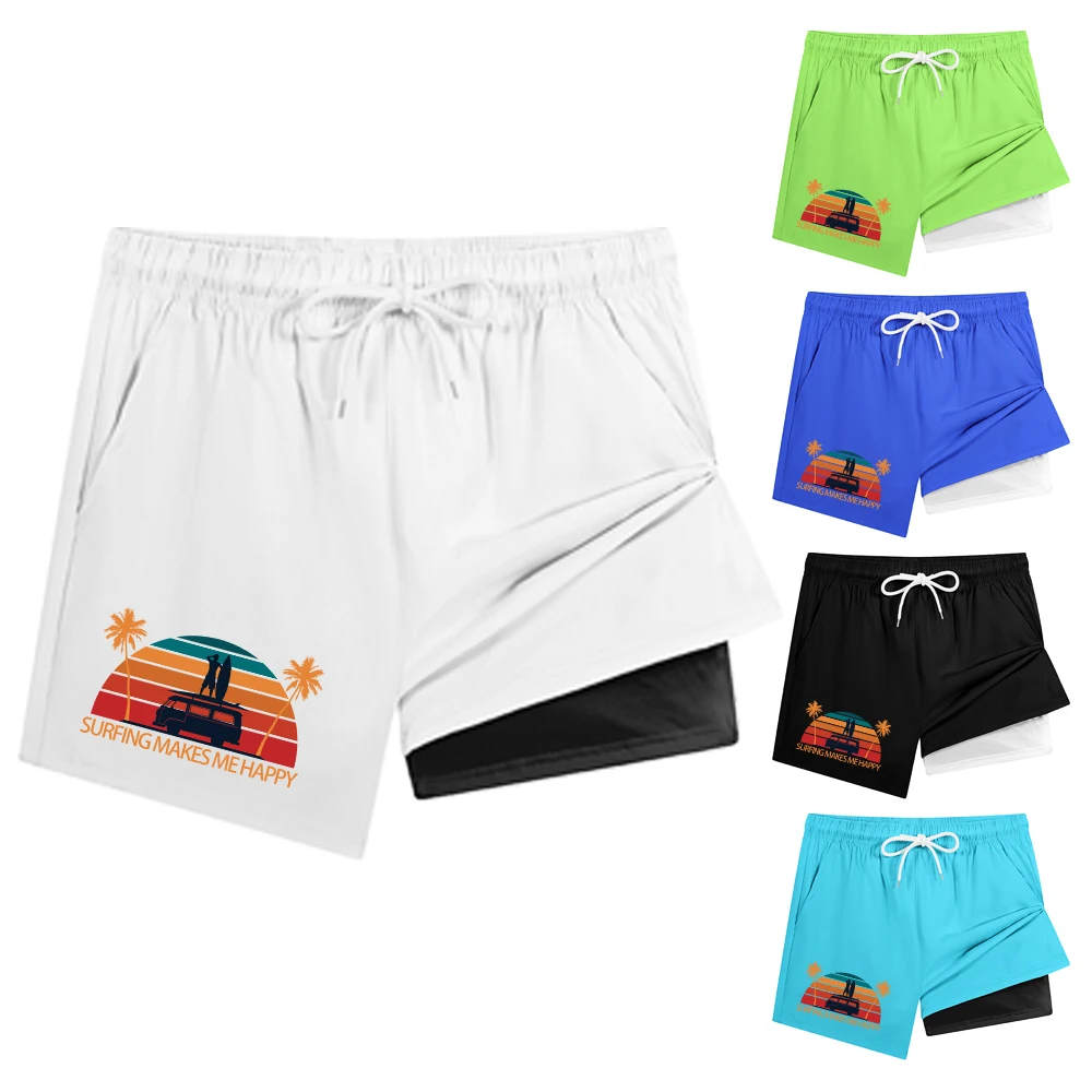 

Men's Quick Dry Double Layer Swim Trunks with Brief Liner & Pockets Elastic Waist Beach Shorts "Surfing Makes Me Happy" Print