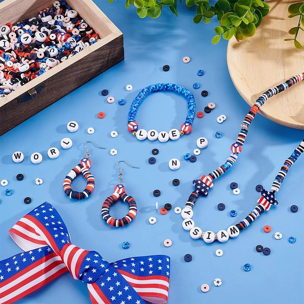6500pcs 4th of July Patriotic Beads Independence Day Beads Red White Blue Beads 6mm Polymer Clay Bead Letter Bead Flag Bead