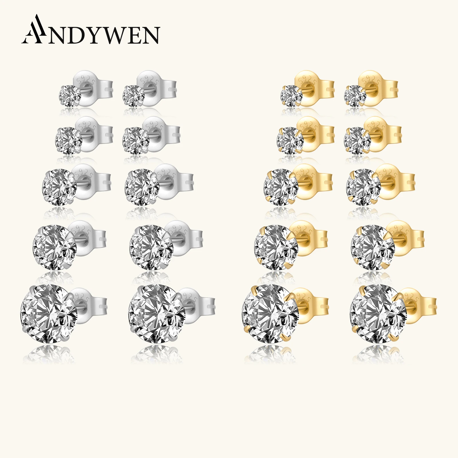 ANDYWEN 925 Sterling Silver 3mm To 7mm CZ Zircon Size Women Stud Earring Piercing Crystal Clips Butterfly Buckle Fine Jewelry
