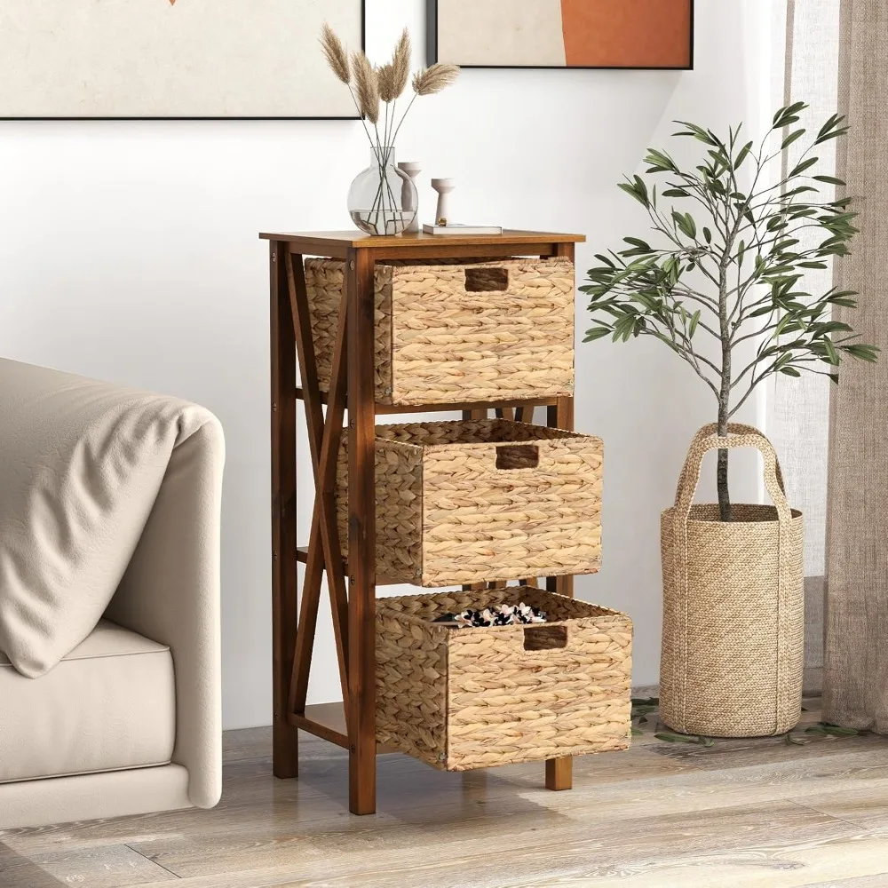 

3-Tier Nightstand with 3 Wicker Baskets, Wooden X-Design Side Table End Table, Beside Table with Acacia Wood Legs, Customized