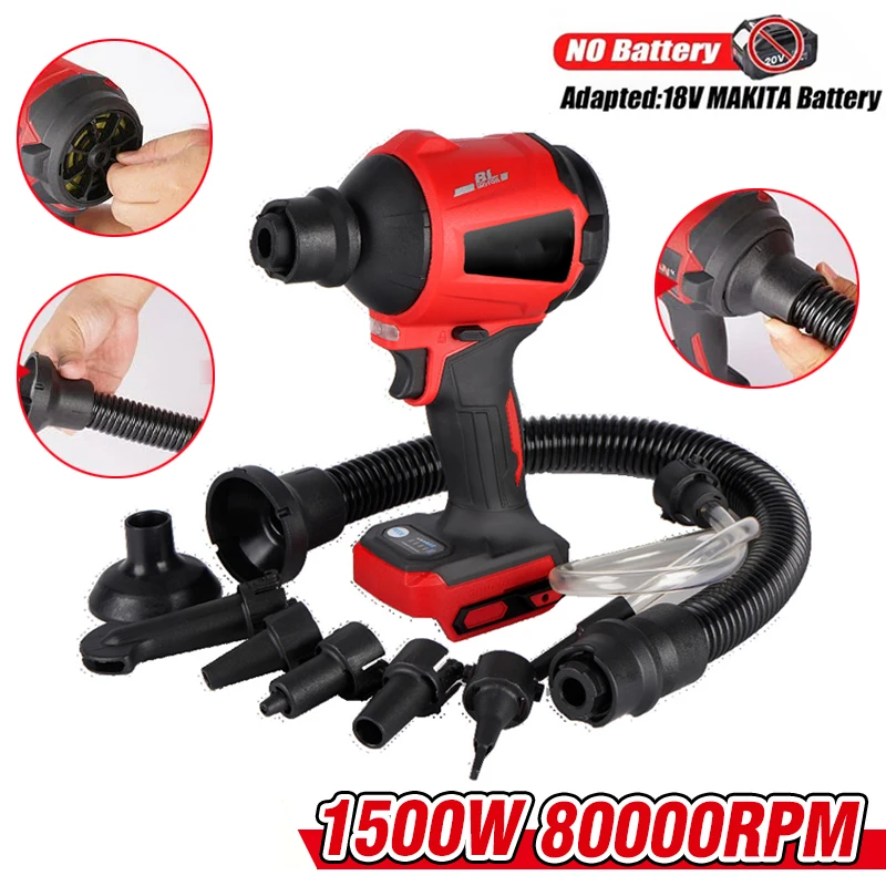 1500W 80000RPM Brushless Dust Blower Inflator Vacuum Function Multifunction Cordless Blower For Makita 18v Battery