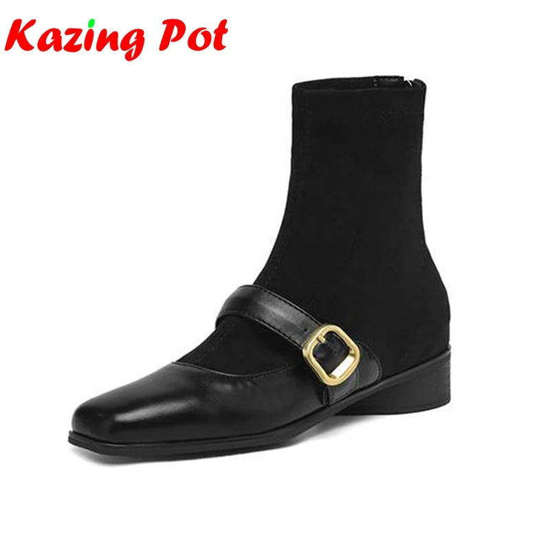 Krazing Pot 2027 Microfiber Square Toe Med Heels Zipper Chelsea Boots Keep Warm Winter Shoes Metal Buckle Elastic Ankle Boots