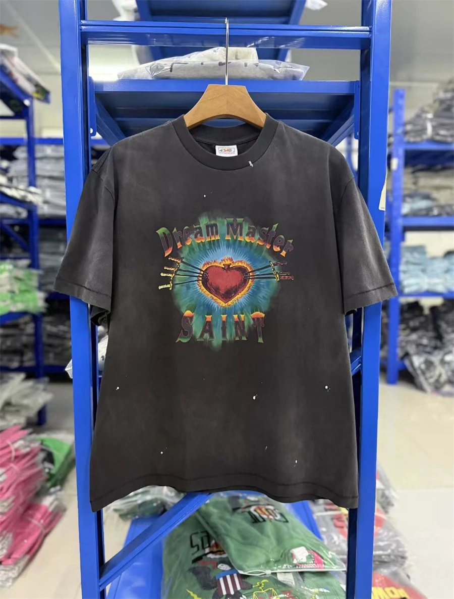 SAINT Mx6 SS26 Retro Letter Round Neck Washed High Street Short Sleeved Cotton Casual Loose Versatile Comfortable T-shirt Men