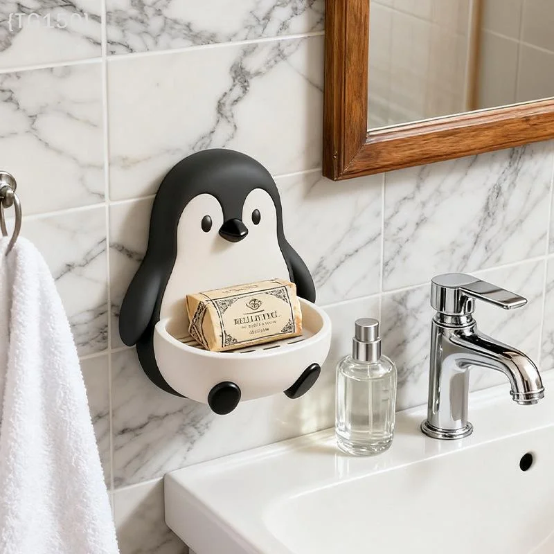 〔T〕Cartoon Penguin Wall Soap Holder No Punch Drainage Soap Box Bathroom Decor Soap Storage Tray