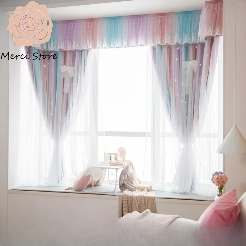 

Rainbow Lace Gauze Ins Style Blackout Curtains for Girls Room Window Drapes with Decorative Curtain Head Childrens Bedroom Trend