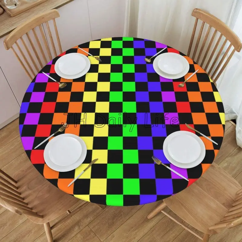 

Rainbow Checkered Round Fitted Tablecloth Waterproof Table Cloth with Elastic Edge Table Covers for Indoor Outdoor Fits 45"-50"
