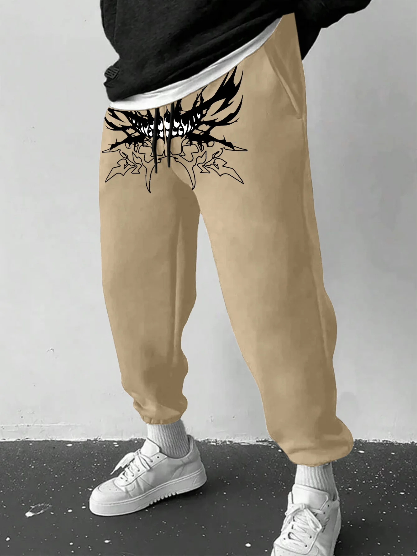 Men's Gothic Sharp Demon Mouth Thorn Print Sweatpants Elastic Waist Soft Fabric Dark Punk Street Hip Hop Joggers