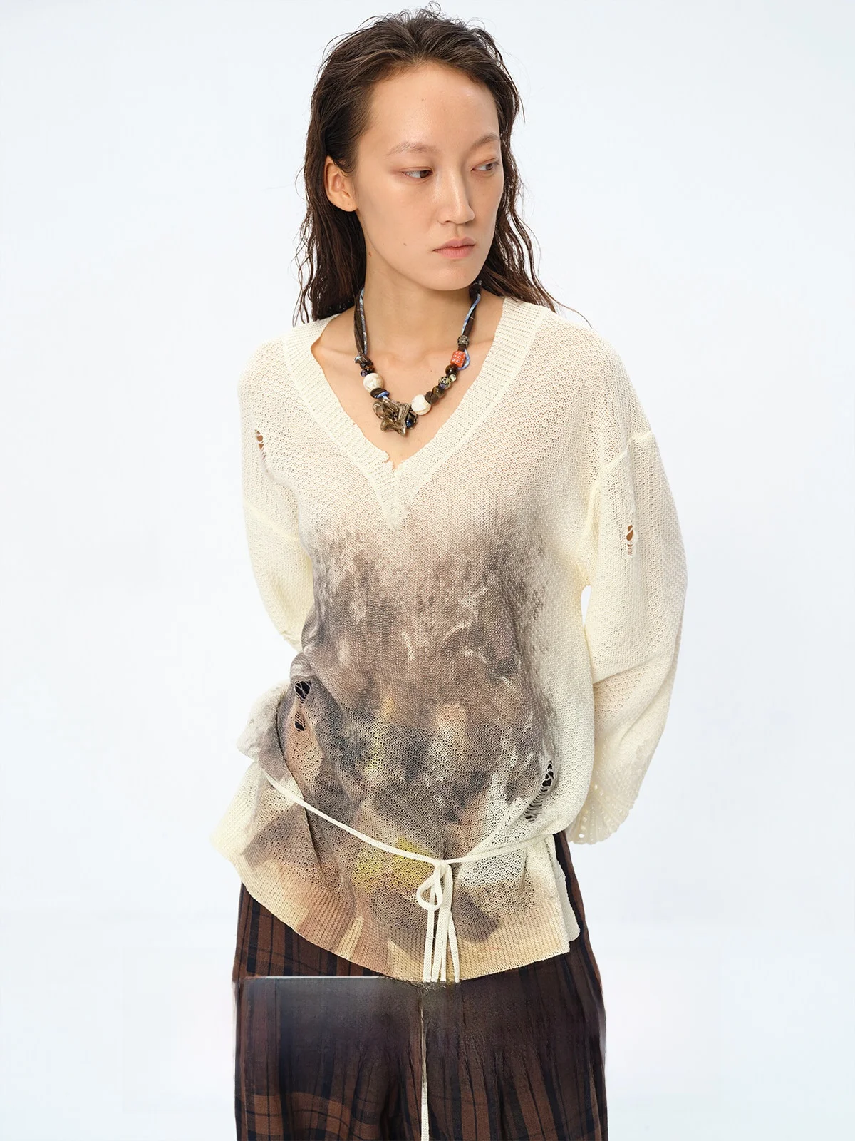 

Женский модный топ Square Circle Artist Collaborative с V-образным вырезом, длинными рукавами, вязаный, ажурный, с бисером, свободного кроя, для повседневной носки