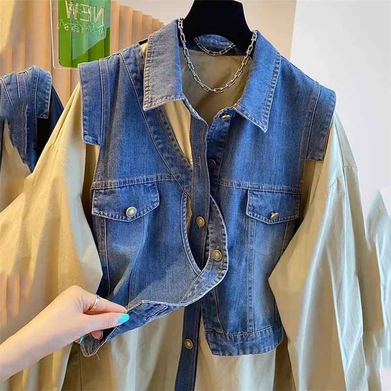 Spring Autumn Fake Two Pieces Denim Shirt 2024 New Fashion Loose Leisure Large Size 4XL Cardigan Tops Vintage Overcoat Female