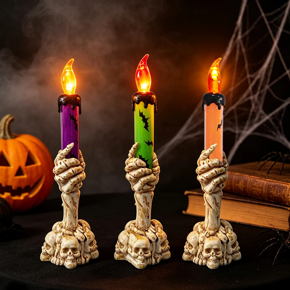 2pcs Skeleton Hand Candlestick Decor Lamp, Halloween Day of The Dead Simulation Ghost Hand Handheld LED Electronic Candlelight