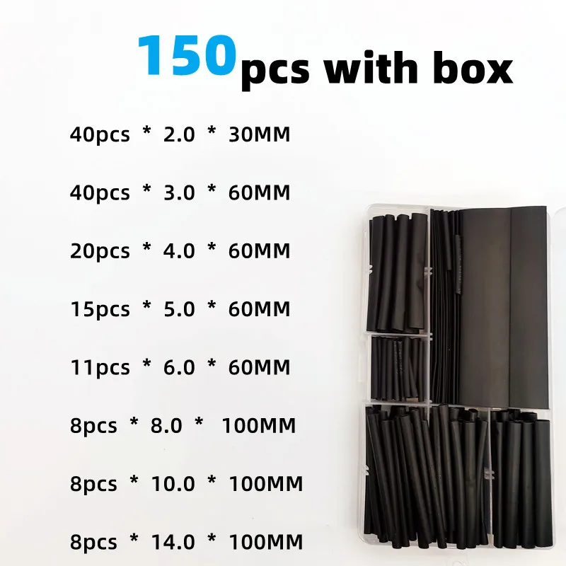 150 PCS Black Boxed 2:1 Times Shrink Heat Shrink Sleeve Set Thermoresistant Tube Wire Insulated Polyolefin DIY Kit