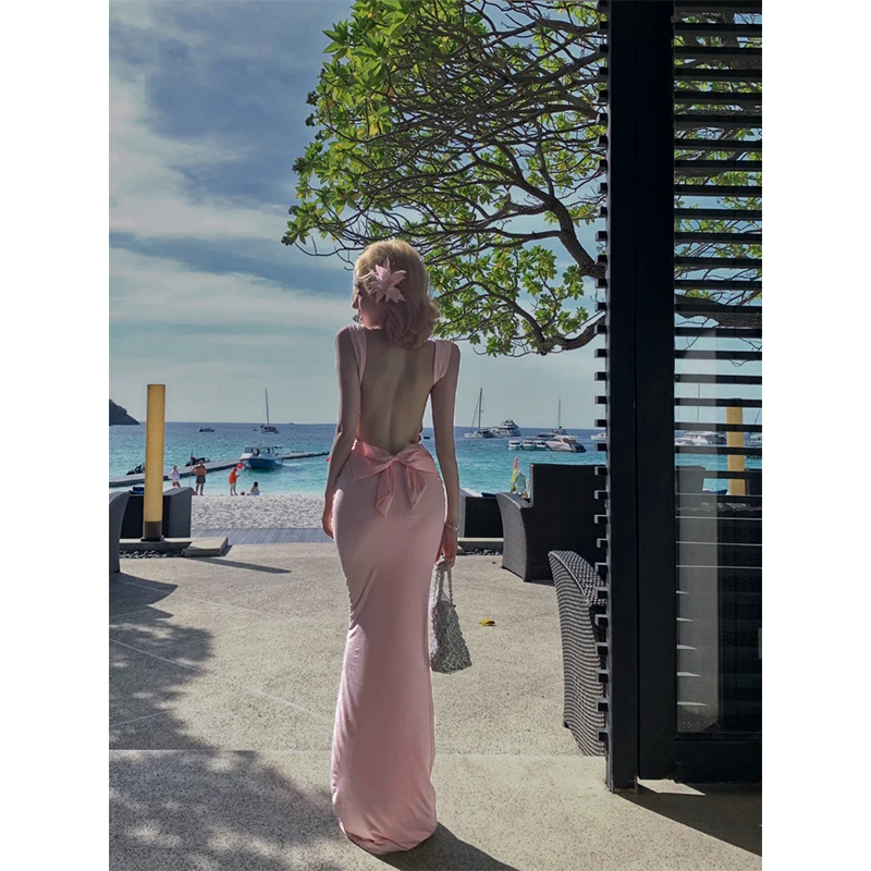 Elegancka Różowa Satynowa Długa Sukienka Damska Moda Impreza Sexy Kokarda Bez Pleców Maxi Sukienki Letnie Gyaru Wakacje Koreańska Obcisła Sukienka Vestidos