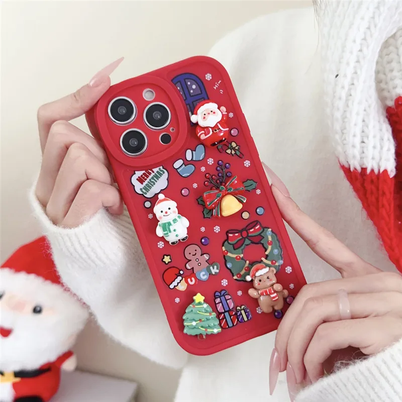 Korean Cute Cartoon Christmas Elk Pendant Case For iPhone 16 15 14 13 12 11 Pro Max X XR XS 3D Santa Claus Soft Shockproof Cover