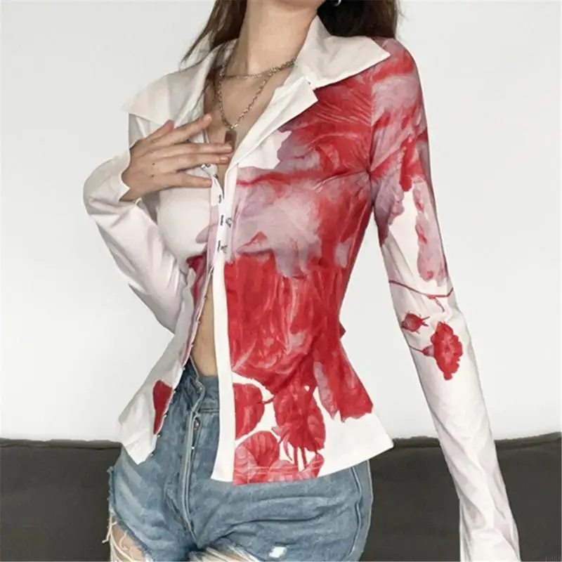 

P88A Womens Blouses Long Sleeve Button Down Tops Floral Printed Blouse Business Shirt