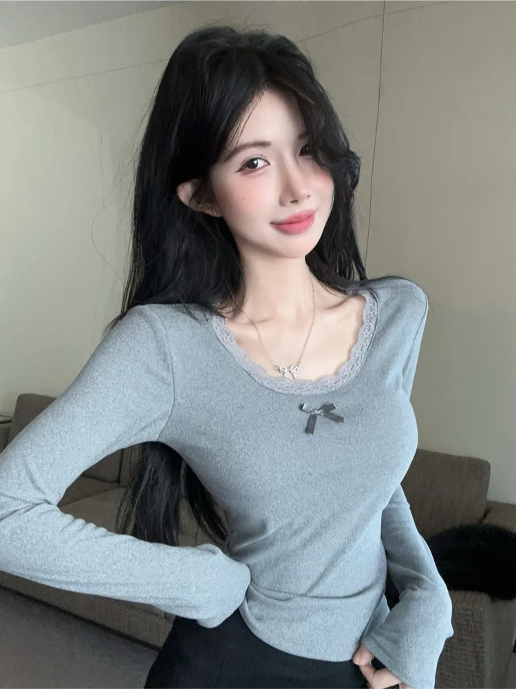 

Elegant Lace Splice Long Sleeve Base Shirt Women's Slim Fit Inner Wear T-Shirt Fashionable Korean Style Commute Wind Top