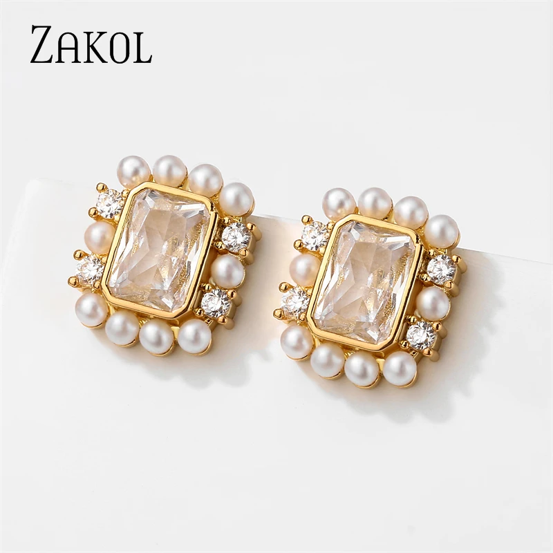 ZAKOL Cute Square Zirconia Stud Earrings for Women Korean Gold Color Imitation Pearl Earring Fashion Jewelry