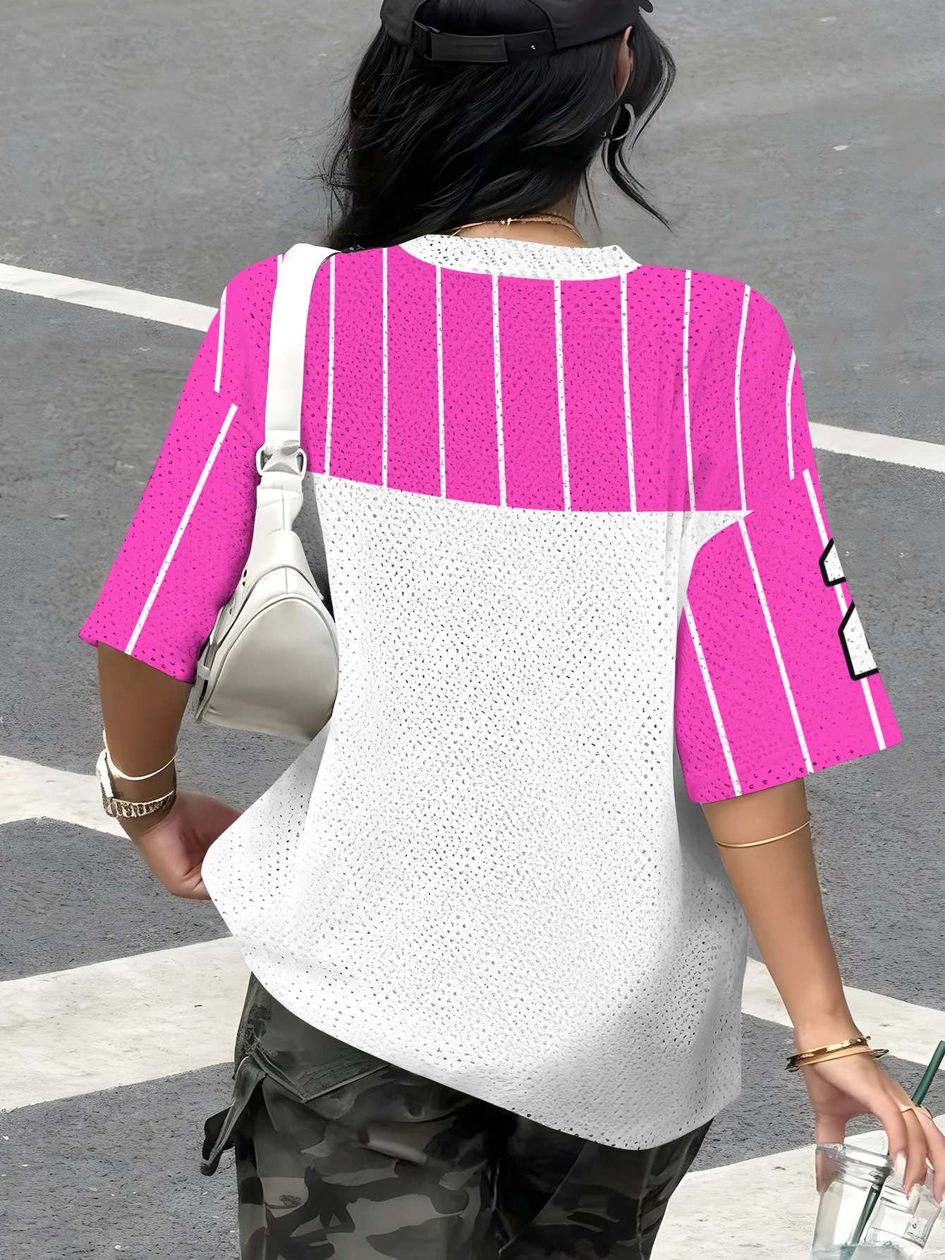 Oversized T Shirt For Women V-Neck Short Sleeve Summer Stripe Los Angeles 23 Print Patchwork Sports Tops Football Jersey Y2k Tee