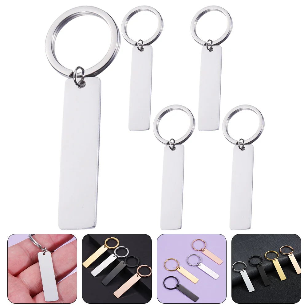 5 Pcs Glossy Strip Hangtag Key Ring Unfinished Keyrings DIY Blank Keychains Tags Stainless Steel