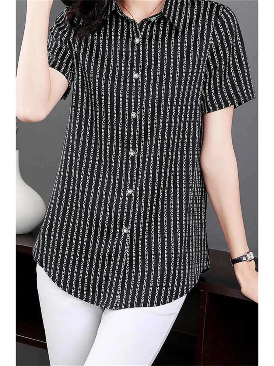 5XL Women Spring Summer Blouses Shirts Lady Fashion Casual Short Sleeve V-Neck Collar Letter Stripe Printing Blusas Tops TT2432