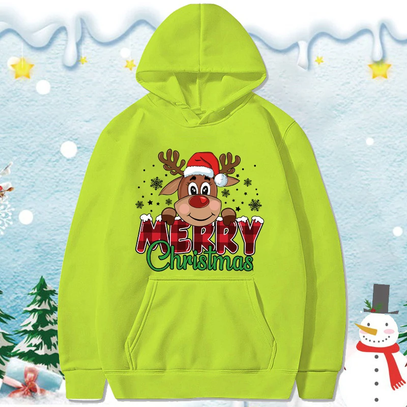 (Premium Hoodie)Cute Merry Christmas Print Hoodie Women Autumn Winter Lovely Fleece Long Sleeve Men Casual Round Neck Pullover