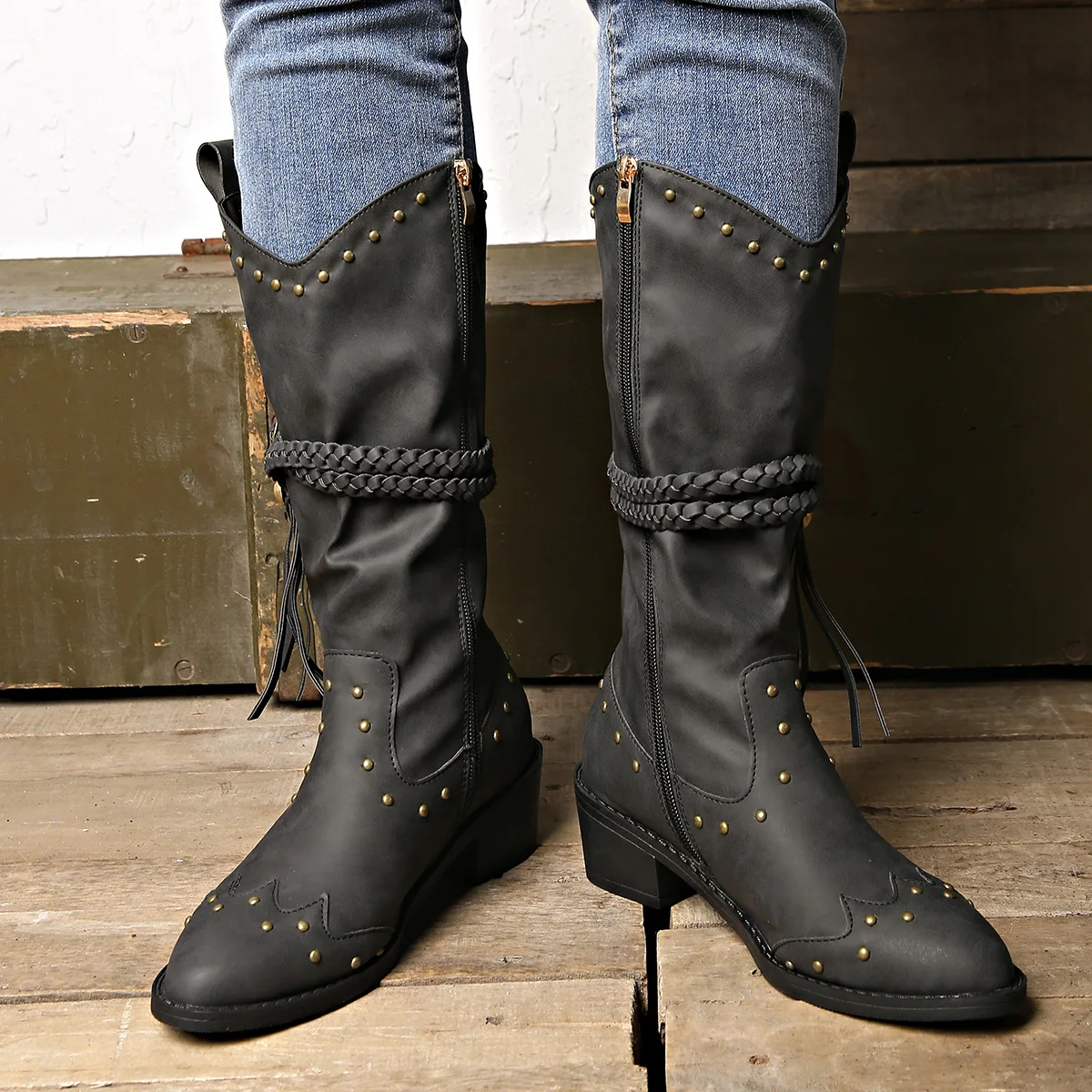 Vintage Metal Rivet Belt Buckle Western Cowboy Boots Pointed Square Heel Fashion Tassel Medium Boots Sexy Women's Boots 36&42