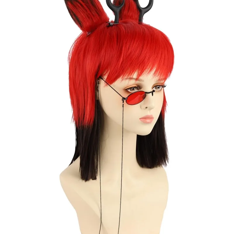 2/3 pçs personagem adulto óculos monoculares vermelhos e correntes de óculos alastor chifres clipe adereços ao ar livre trajes acessórios de halloween